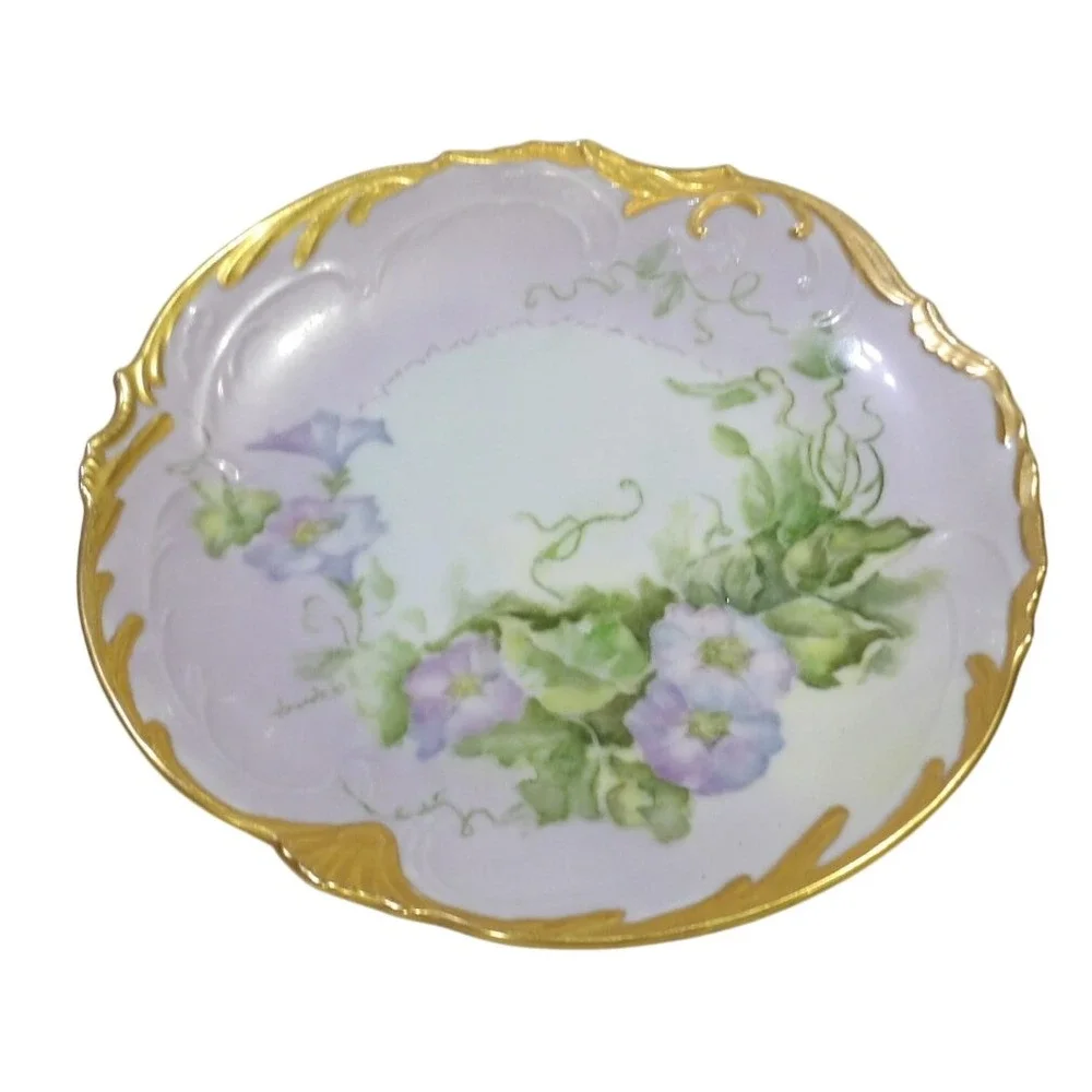 Vintage Hand Painted Porcelain Floral Plate Purple Morning Glory Gold Trim 1970